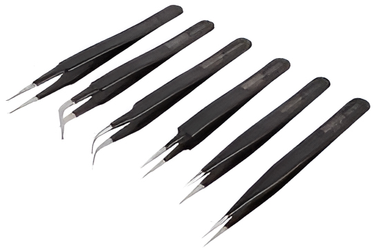 Tweezer ESD Set with 6 Tweezers, PET Stainless Steel Body, Stainless Steel Tip 